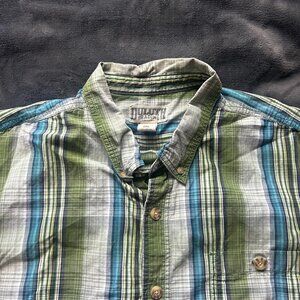Duluth Trading Co Short Sleeve Shirt 2XL Green Blue Stripe
